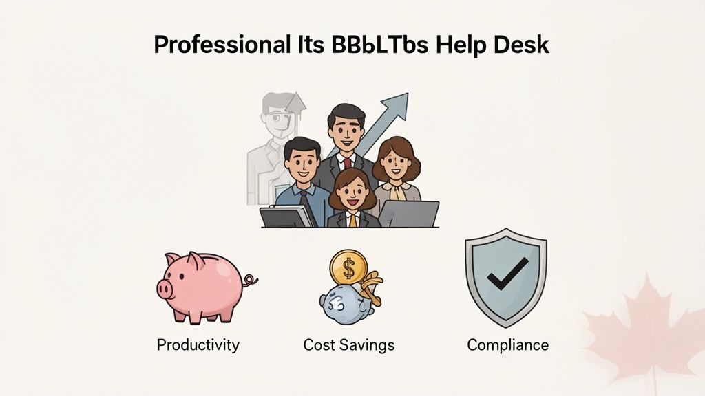 A professional IT help desk team delivers support, resulting in increased productivity, cost savings, and compliance.