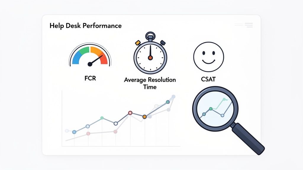 Dashboard showing help desk performance metrics including FCR, average resolution time, and CSAT.