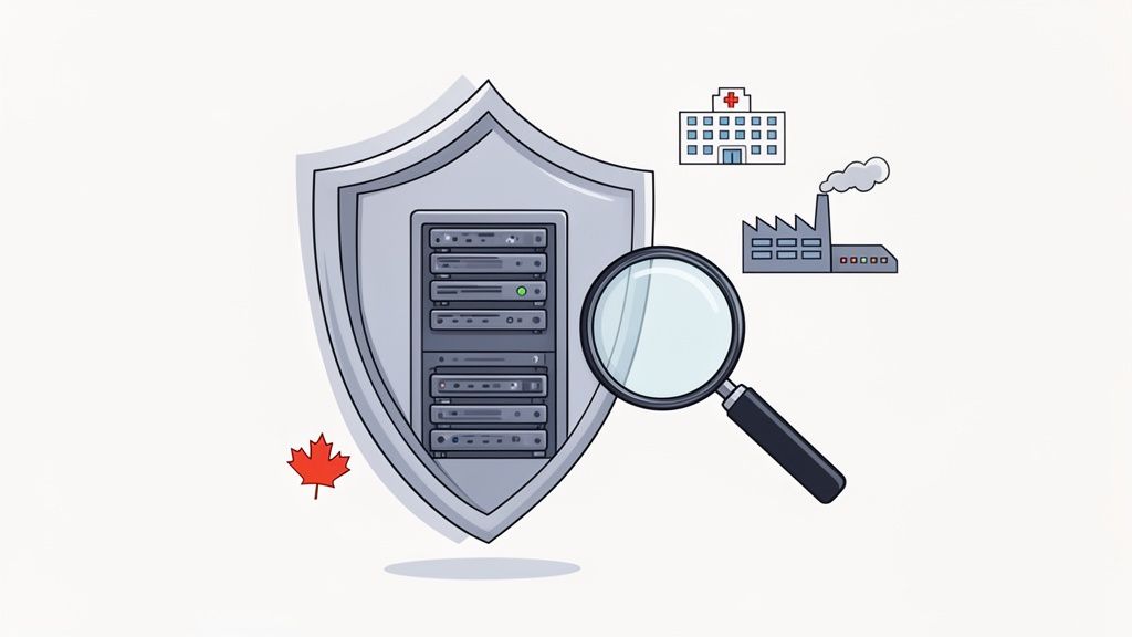 A shield protecting a server rack, with a magnifying glass, hospital, factory, and Canadian maple leaf.