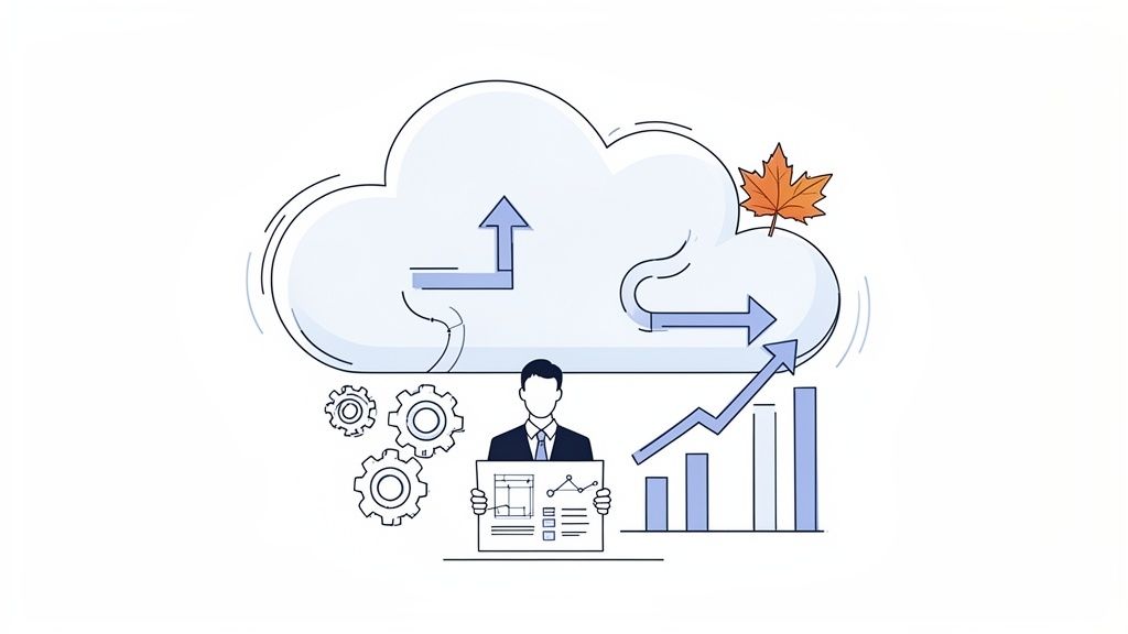 Illustration of cloud computing, business growth, data management, with a professional and gears.