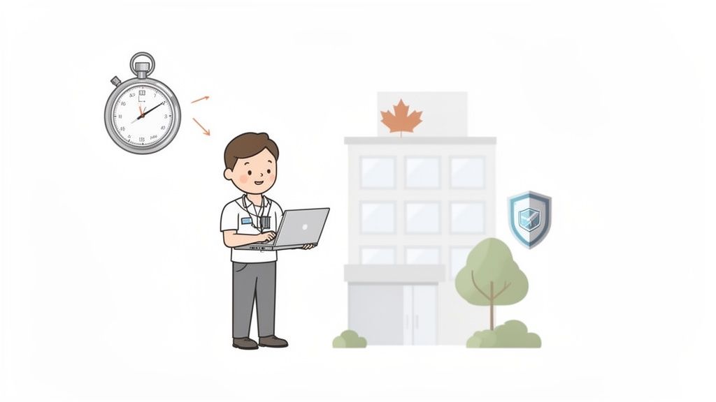 Cartoon illustration of a person using a laptop with a stopwatch, office building, and security shield.