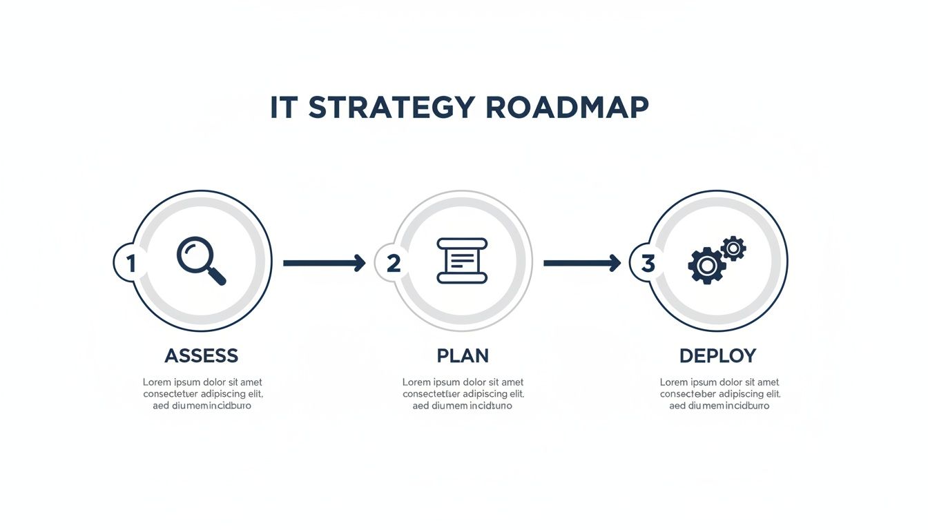 An IT strategy roadmap illustrating three sequential steps: Assess, Plan, and Deploy, with relevant icons.