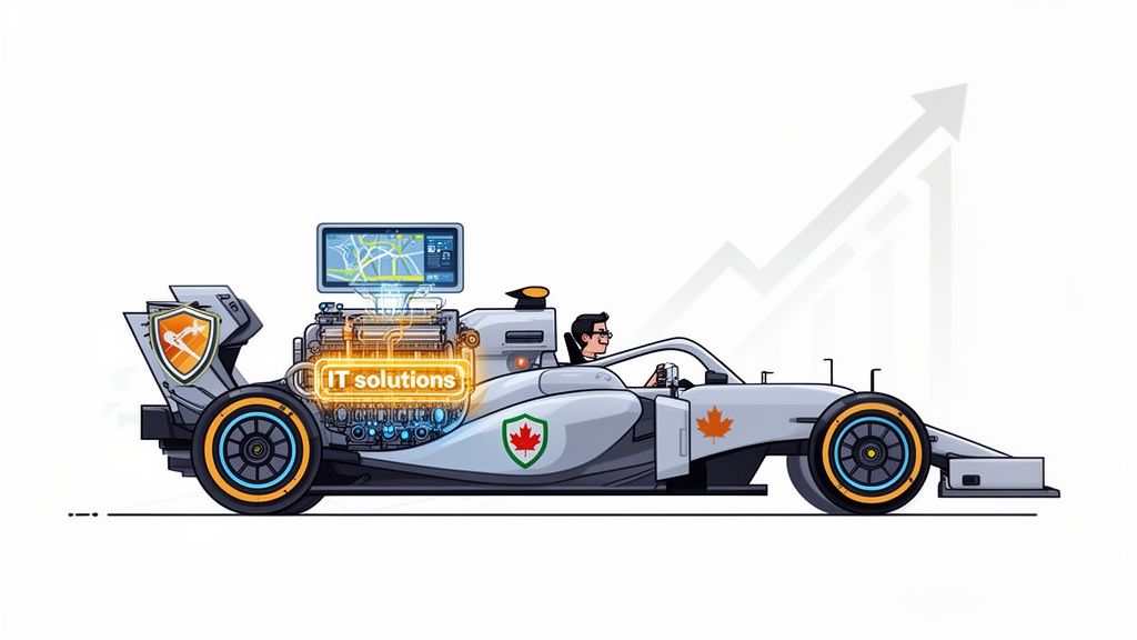 Cartoon F1 race car with 'IT solutions' engine, driver, Canadian logos, and upward growth graph.