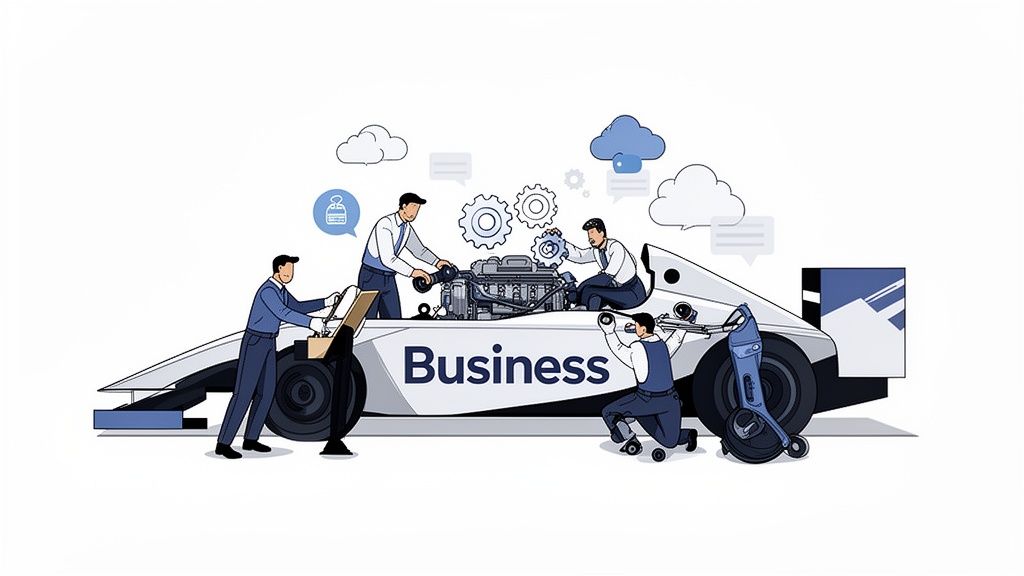 A team of business professionals collaboratively performing system optimization on a race car labeled 'Business'.