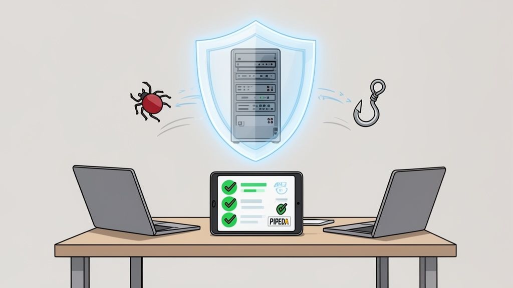 Cybersecurity concept showing a protected server fending off malware and phishing attempts, with devices displaying security checks.