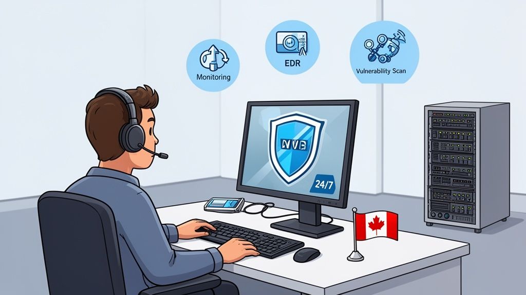 Cybersecurity professional monitoring a computer with NVB shield, offering 24/7 services like EDR and vulnerability scanning from Canada.