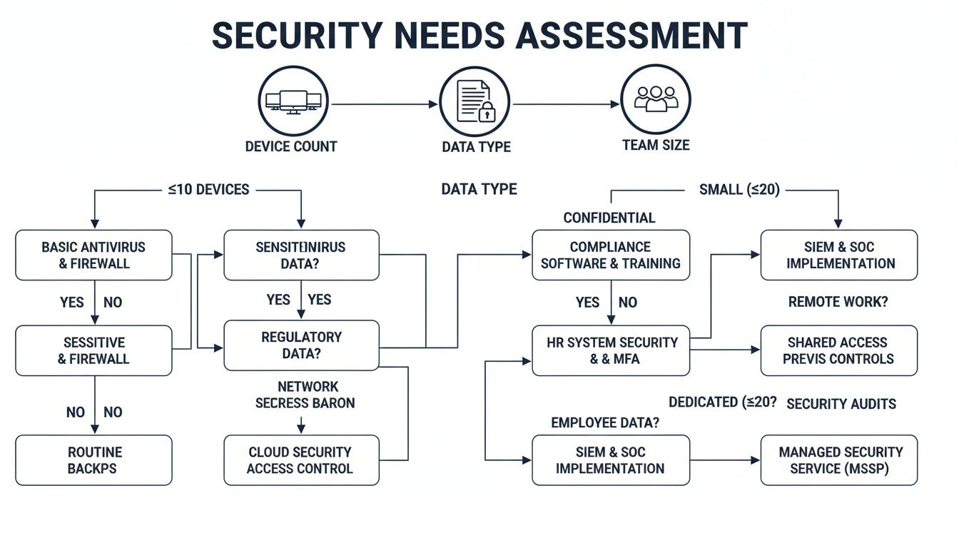 Flowchart detailing a security needs assessment based on device count, data type, and team size.