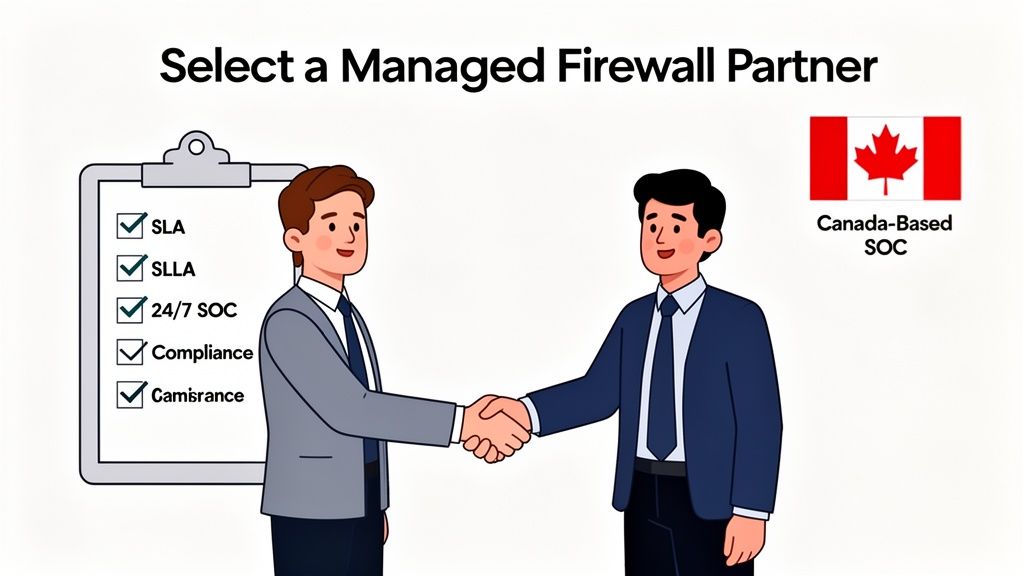 Two businessmen shake hands, representing a partnership for managed firewall services with a Canada-based SOC.