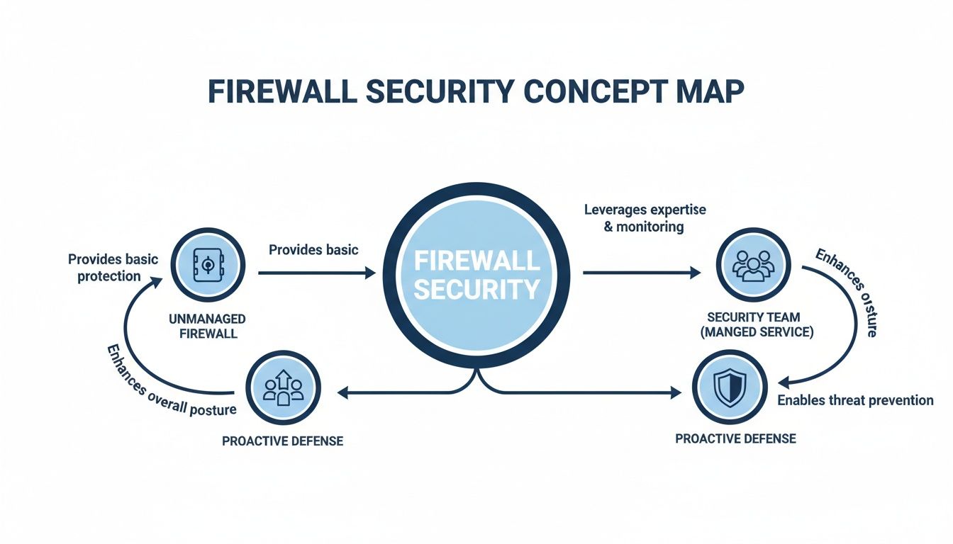Concept map illustrating firewall security, distinguishing unmanaged from managed services and proactive defense.