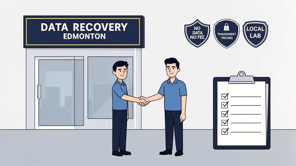 Two men shaking hands in front of a Data Recovery Edmonton store, highlighting service benefits.