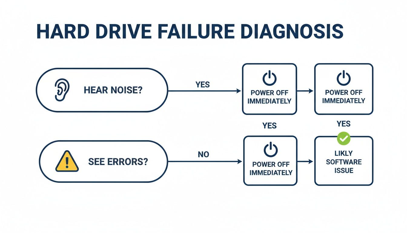 Flowchart detailing hard drive failure diagnosis steps, guiding users based on noise or errors detected.