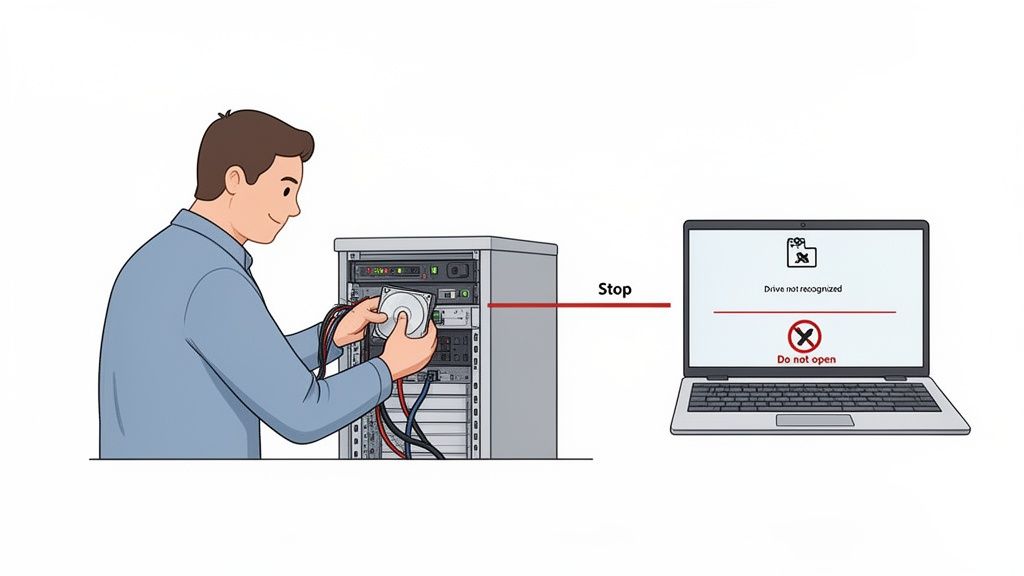 A man handles a hard drive at a server rack, with a laptop screen warning "Drive not recognized" and "Do not open."