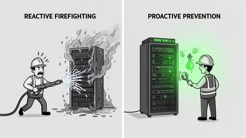 A comparison illustration showing a stressed technician extinguishing a server fire versus a calm technician proactively monitoring.