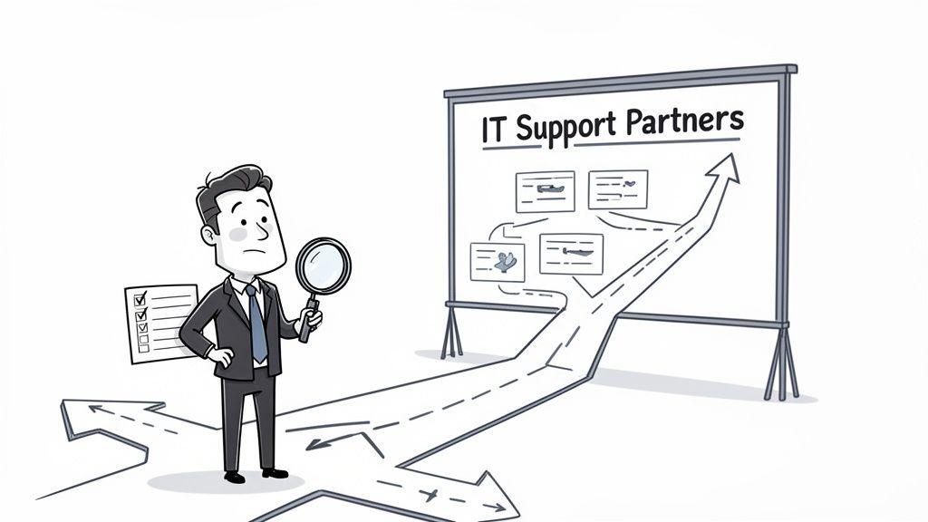 A professional man holding a magnifying glass stands before a flowchart representing IT support service partner options.