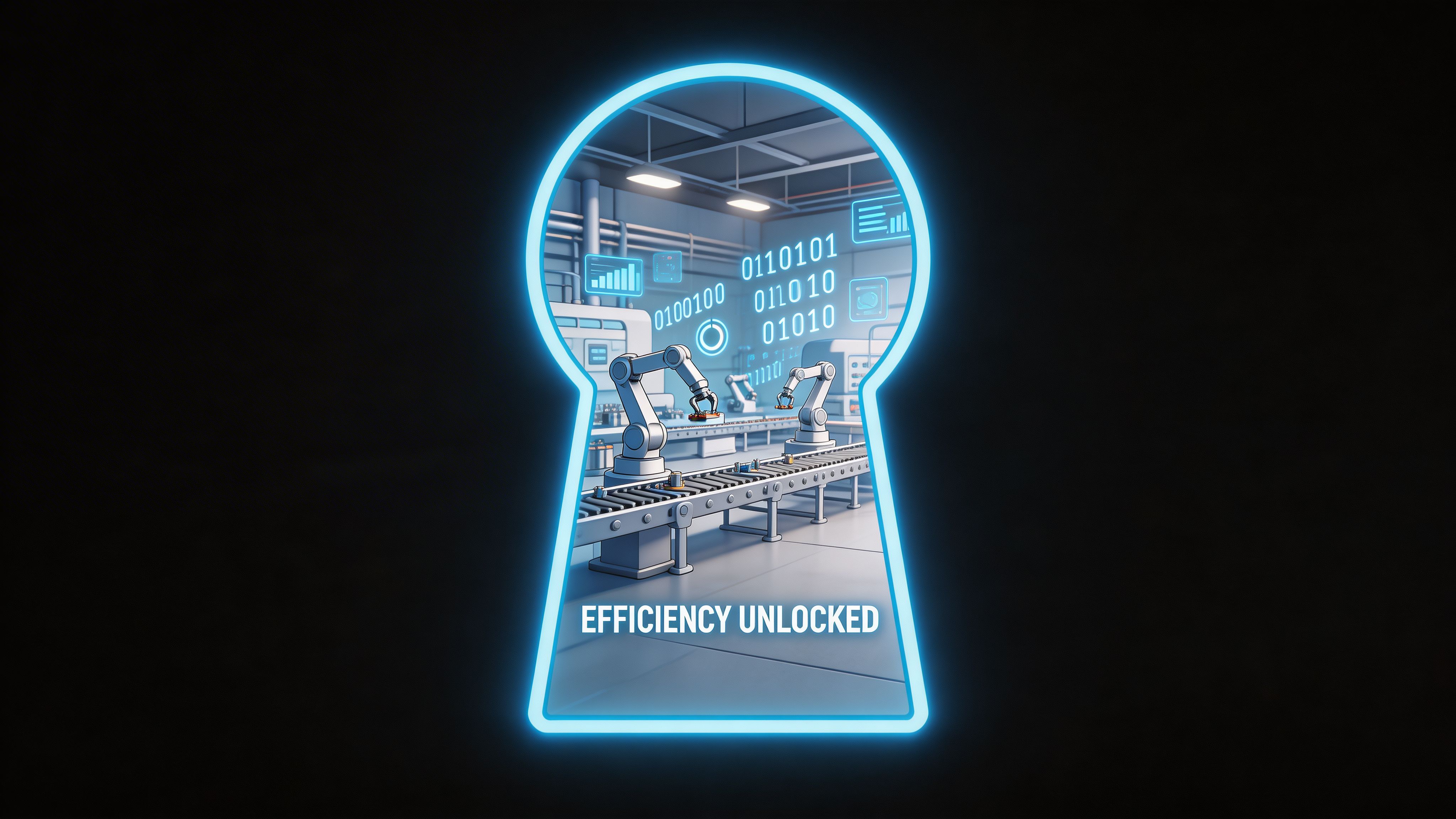A digital keyhole glowing blue revealing an automated industrial manufacturing factory with robotic arms and data analytics.