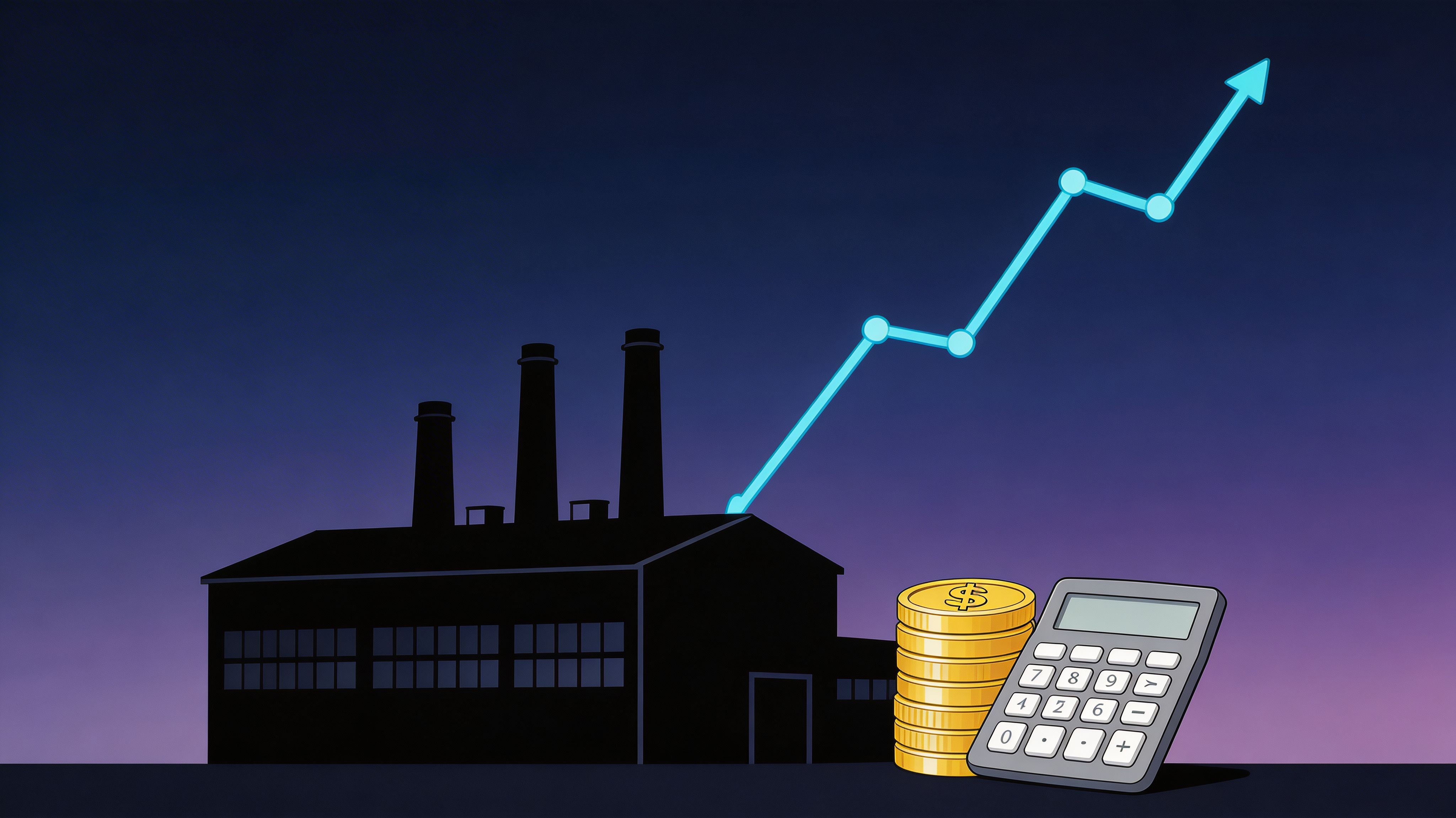 A silhouette of a factory with an upward trending arrow, gold coins, and a calculator on dark background.