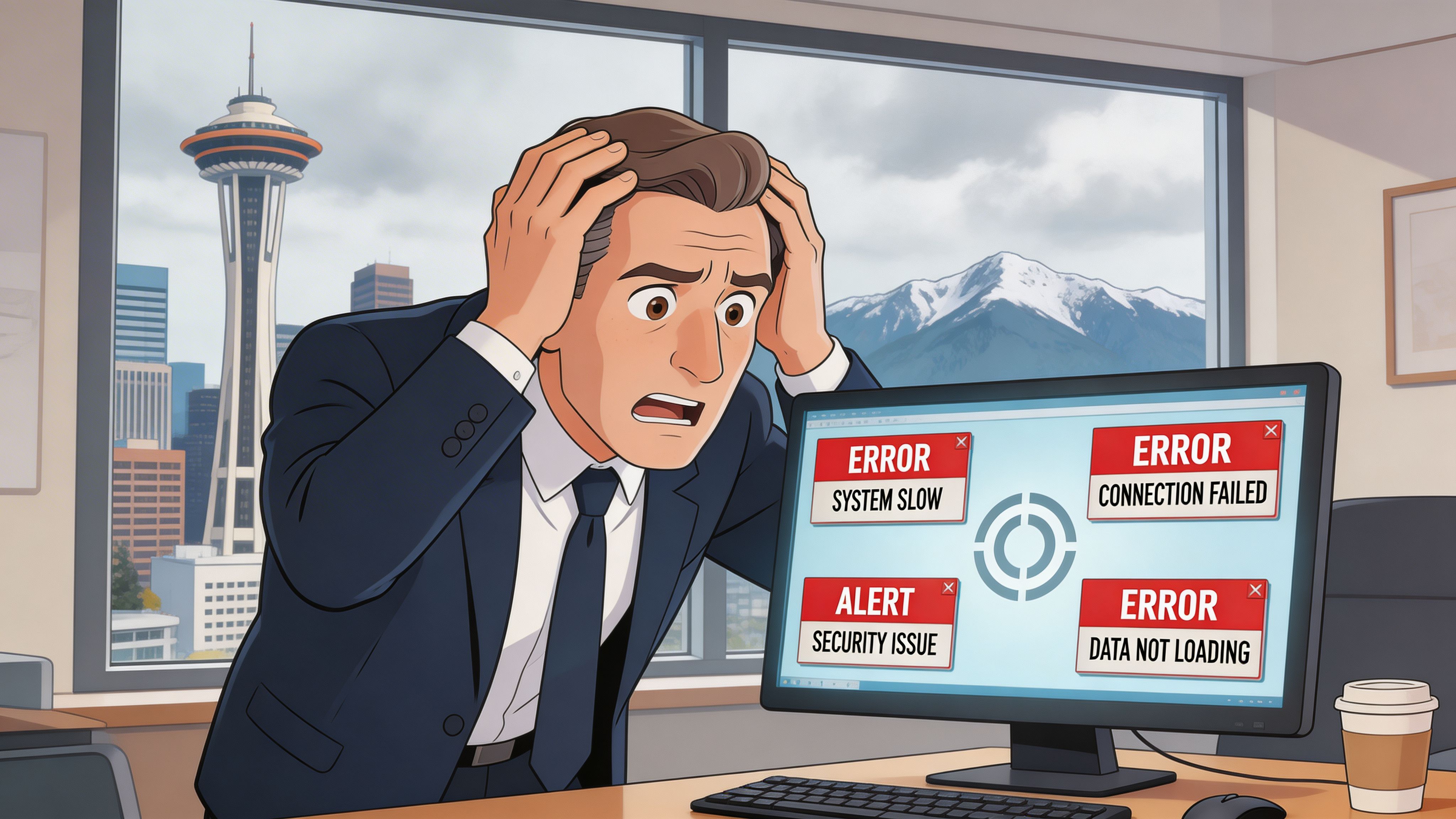 A stressed businessman looking at multiple error messages on his office computer screen in Vancouver.