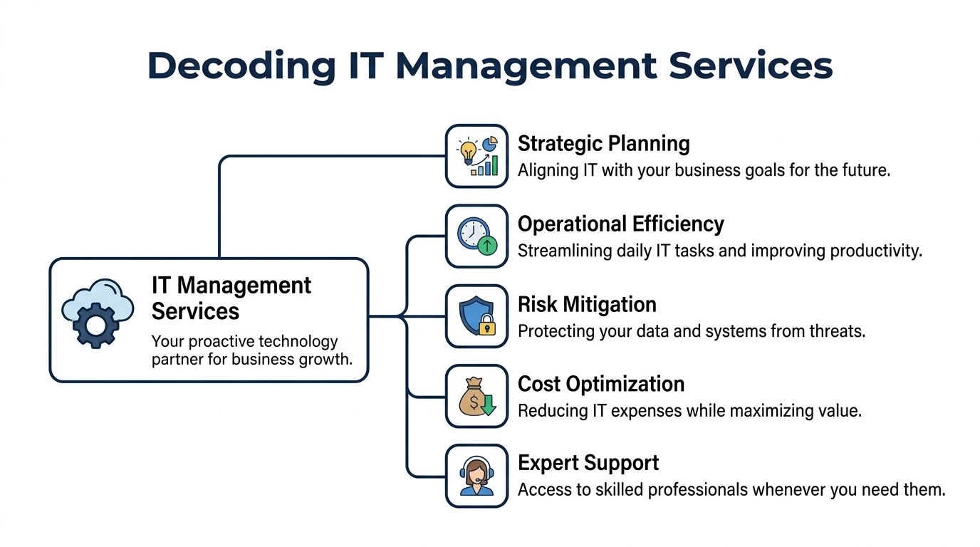 A diagram outlining IT management services including strategic planning, operational efficiency, risk mitigation, cost optimization, and expert support.