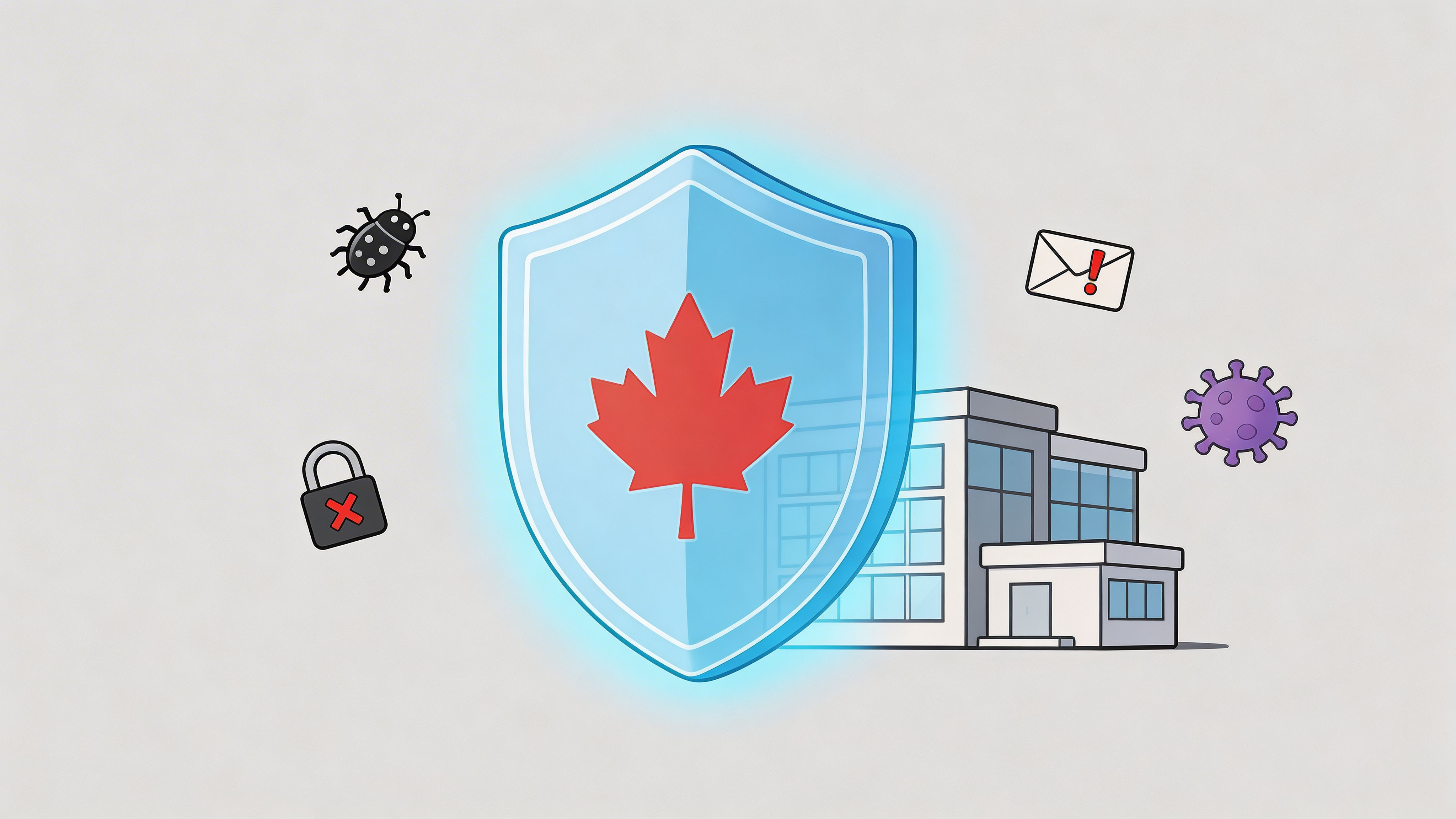 A Canadian shield symbol protecting a building from digital threats like viruses, malware, and email phishing scams.