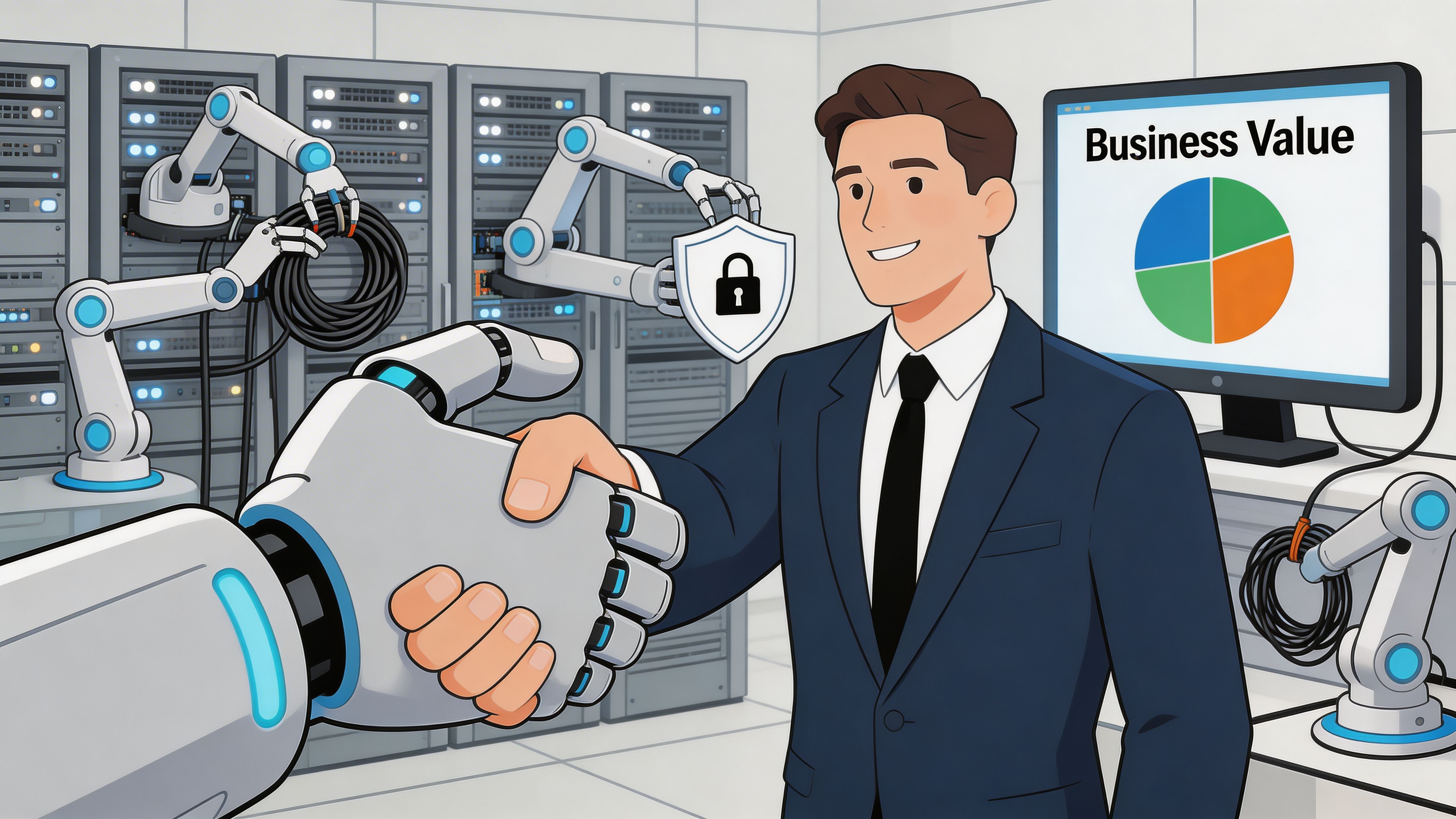 A businessman shaking hands with a robot arm in a modern data center with server racks.