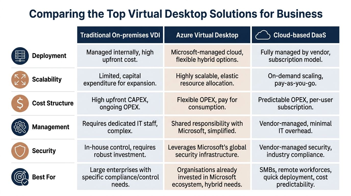 A comparison chart outlining the differences between traditional VDI, Azure Virtual Desktop, and cloud-based DaaS solutions.