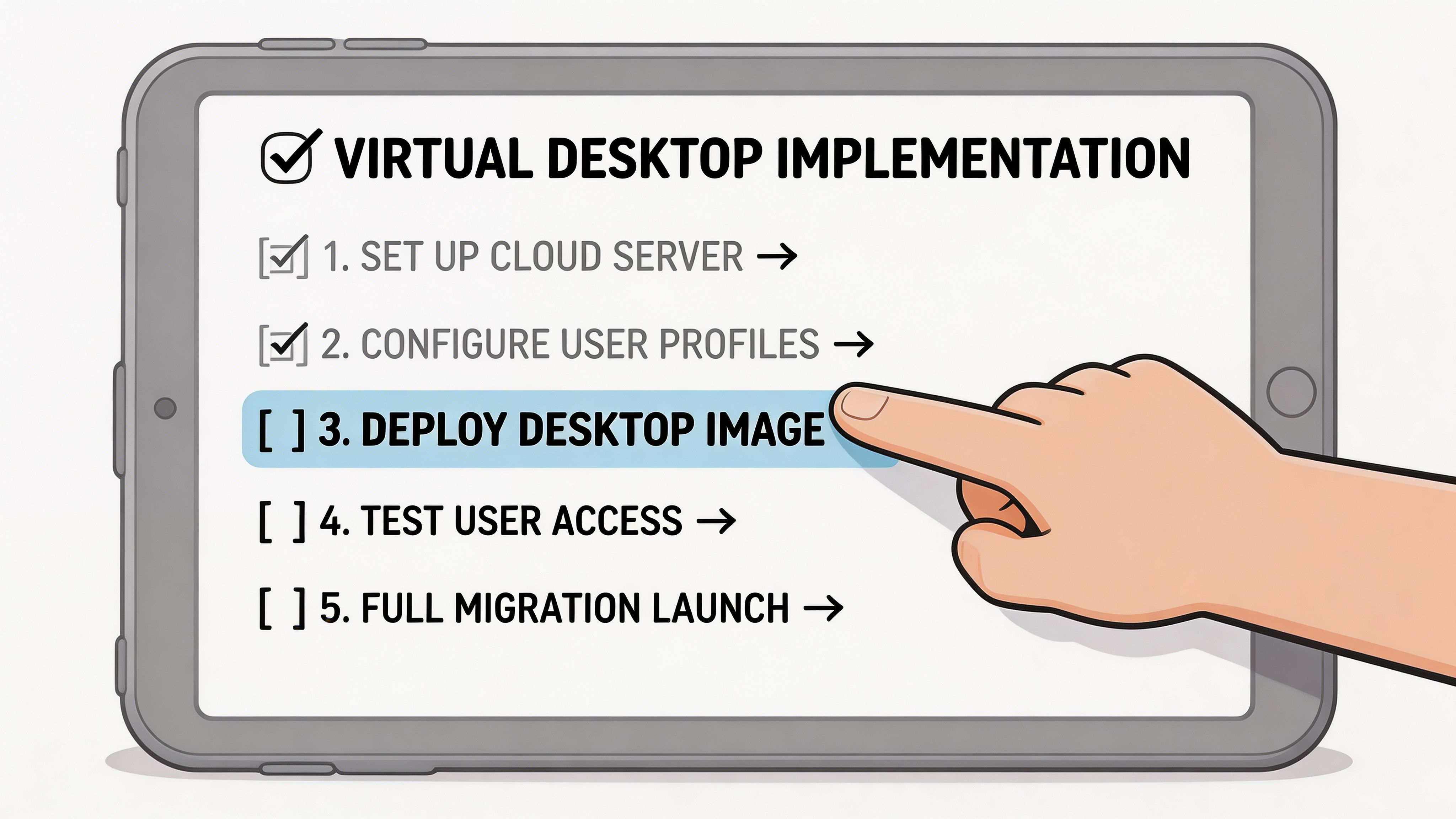 A digital tablet screen displaying a Virtual Desktop Implementation checklist being navigated by a human finger.