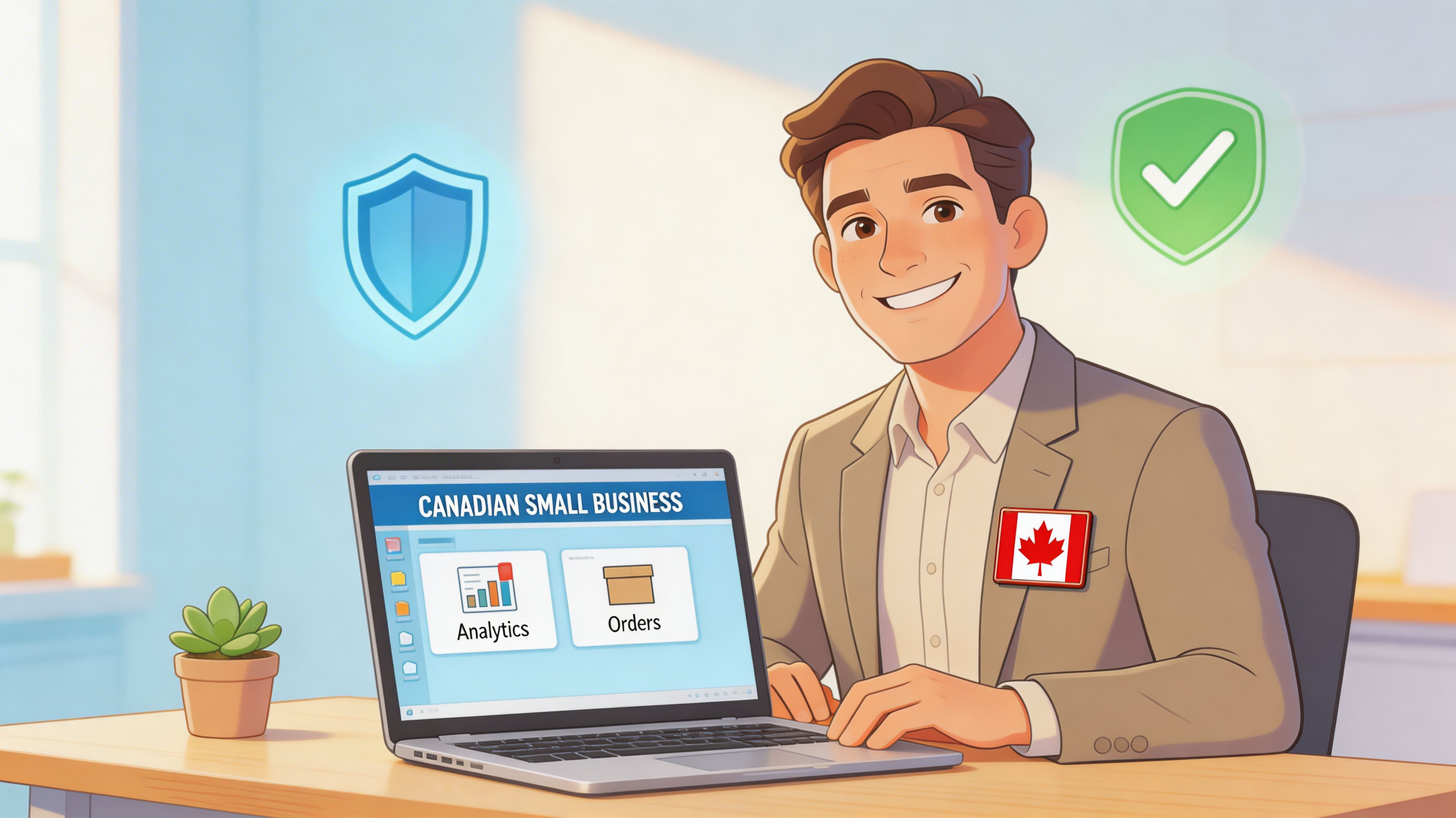 A professional man sitting at a desk with a laptop displaying Canadian small business management software.