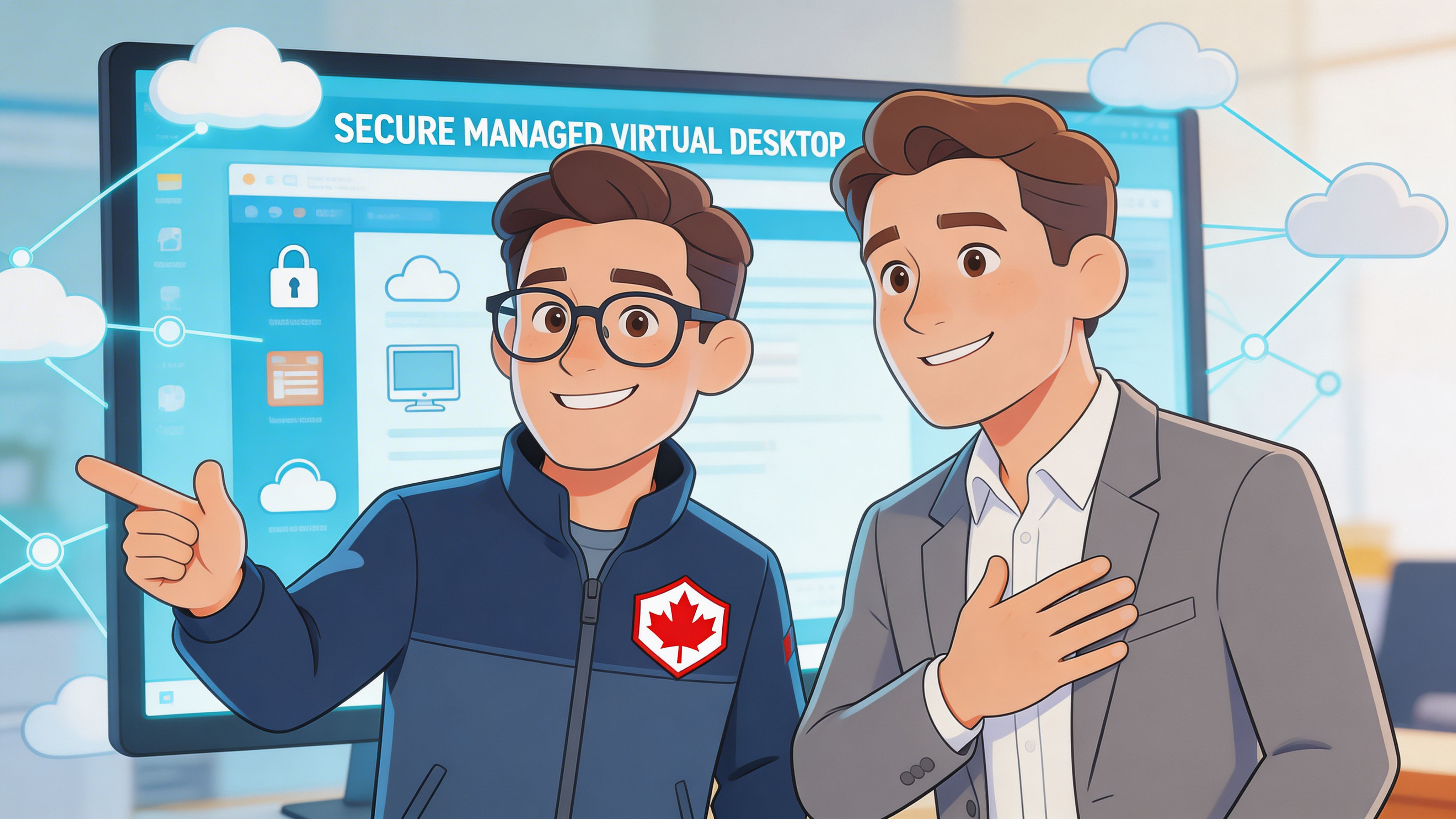 Two professional men standing in front of a computer screen displaying a Secure Managed Virtual Desktop interface.