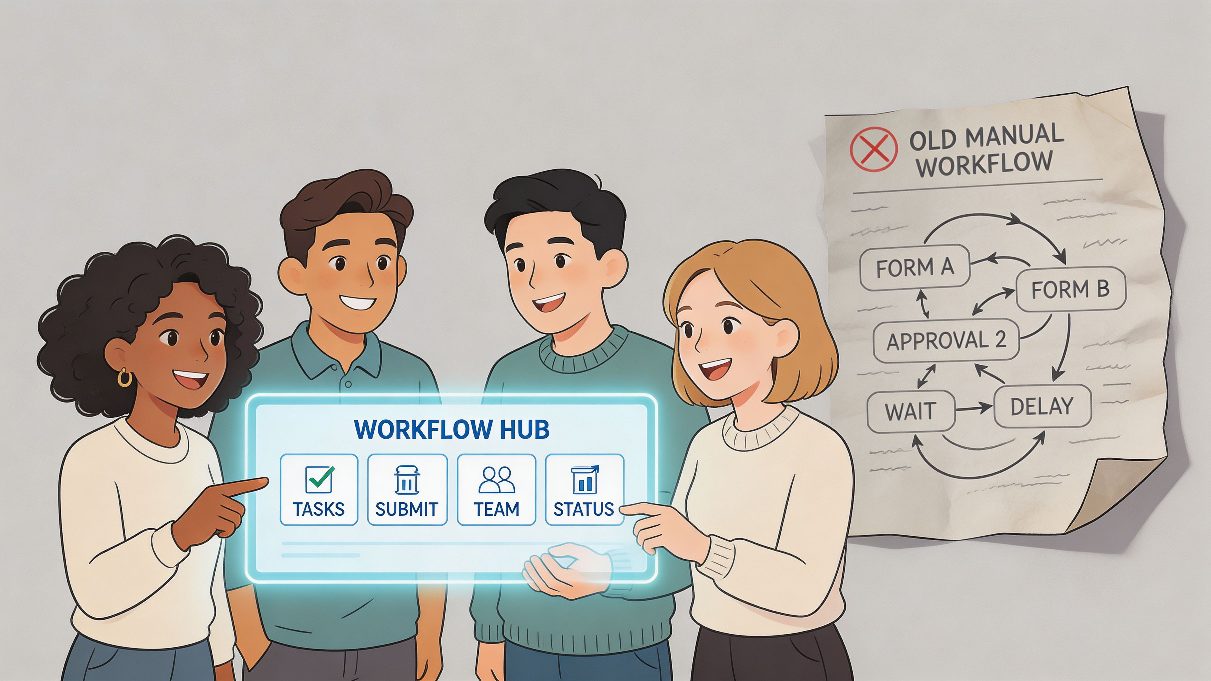 A diverse team collaborating on a digital workflow hub to improve efficiency over outdated manual processes.