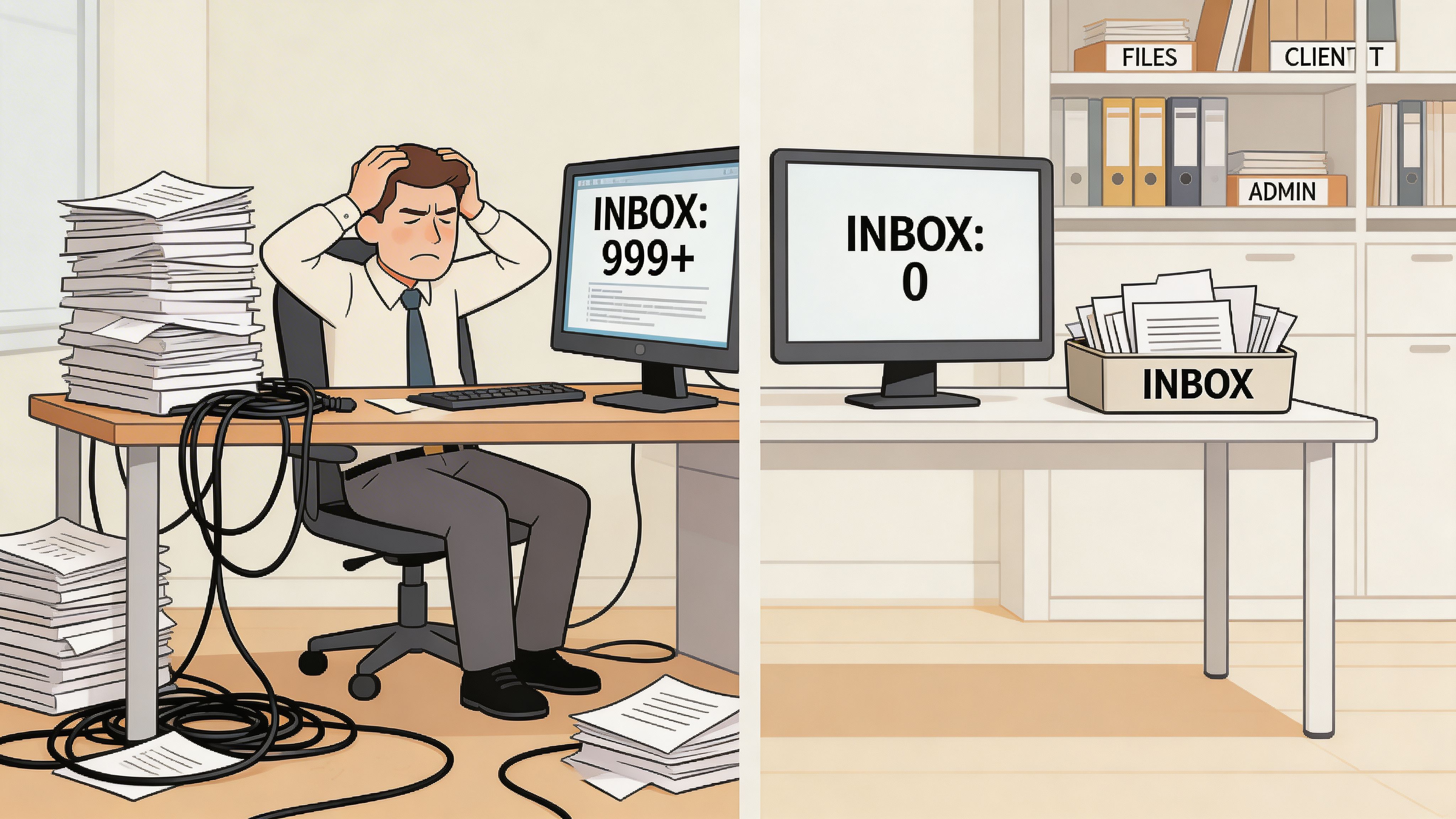 A split image comparing a disorganized, stressed office worker and a clean, organized, stress-free office desk.