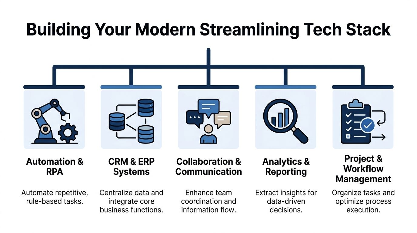 A diagram illustrating five essential pillars of a modern, streamlined business technology stack including automation, systems, and management.
