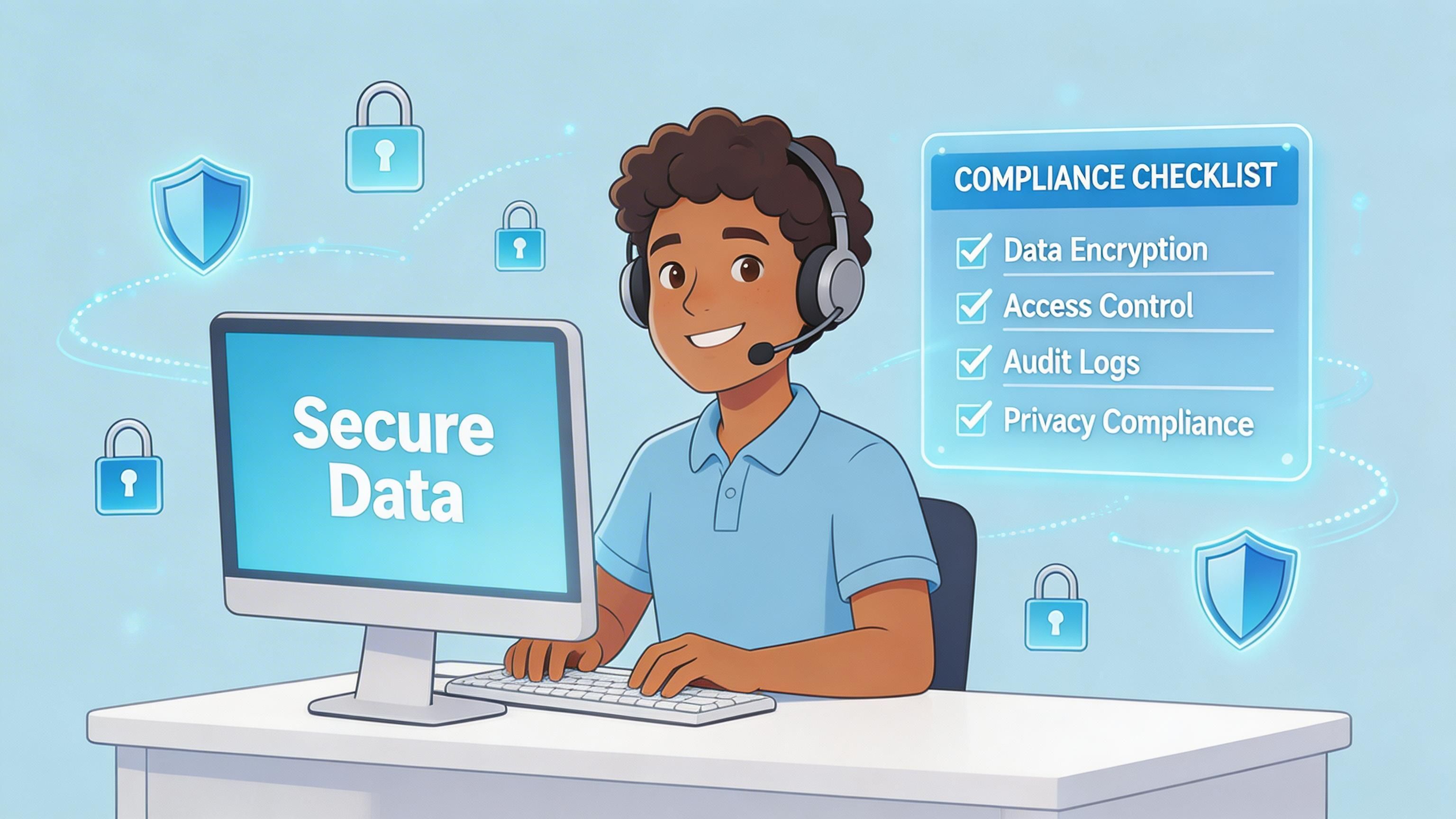 A help desk professional working at a computer with a compliance checklist for secure data management.