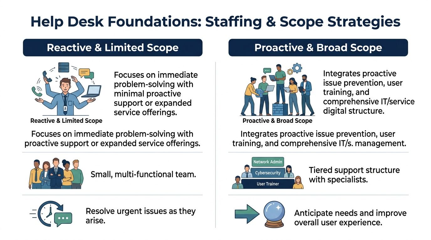 A comparison chart outlining the differences between reactive and limited scope versus proactive and broad scope help desk strategies.