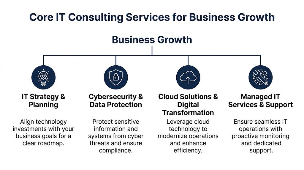 A diagram illustrating four core IT consulting services that drive business growth through technology, security, and support.