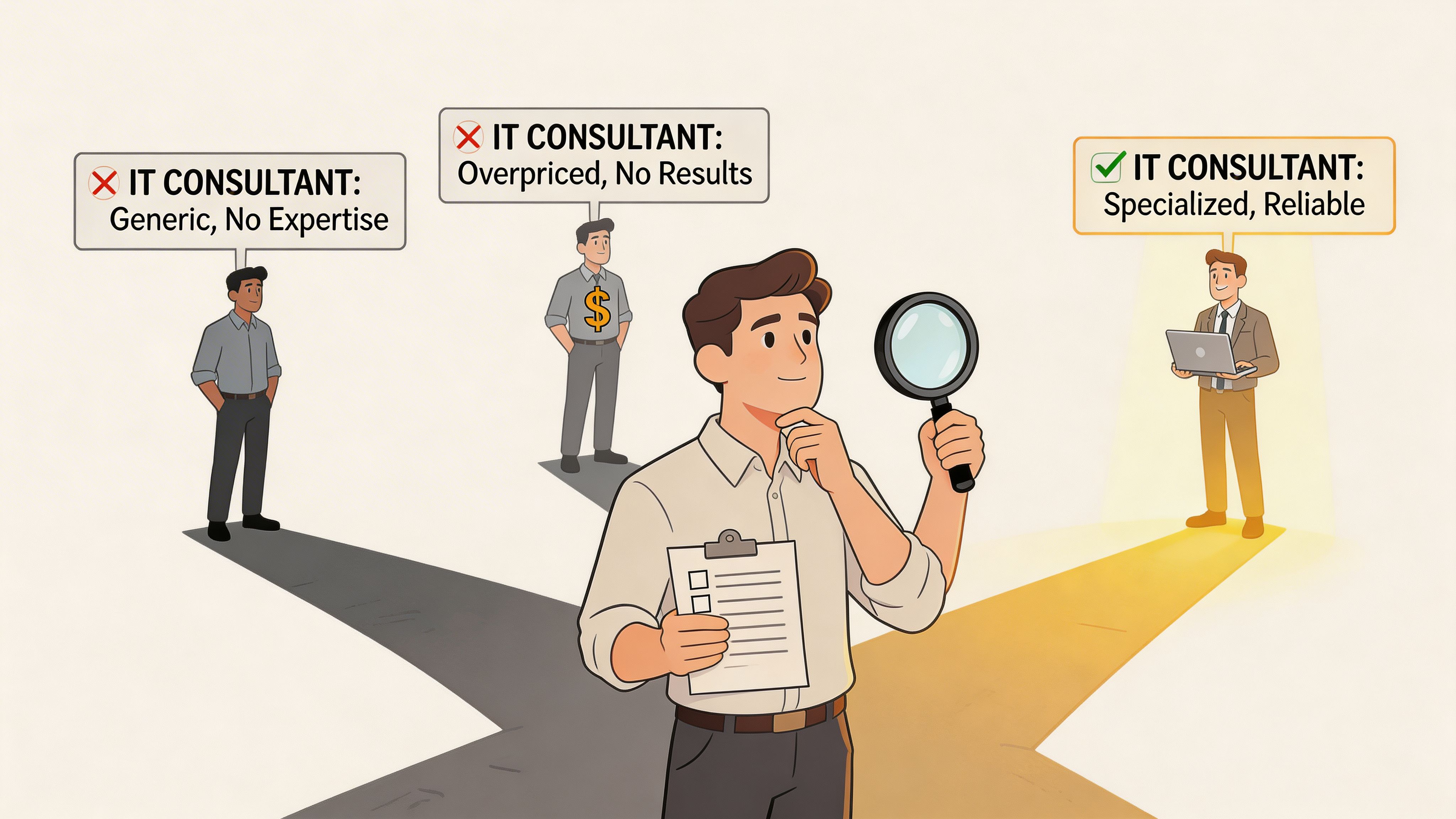 A professional choosing between an unreliable IT consultant and a specialized, reliable IT consultant expert.