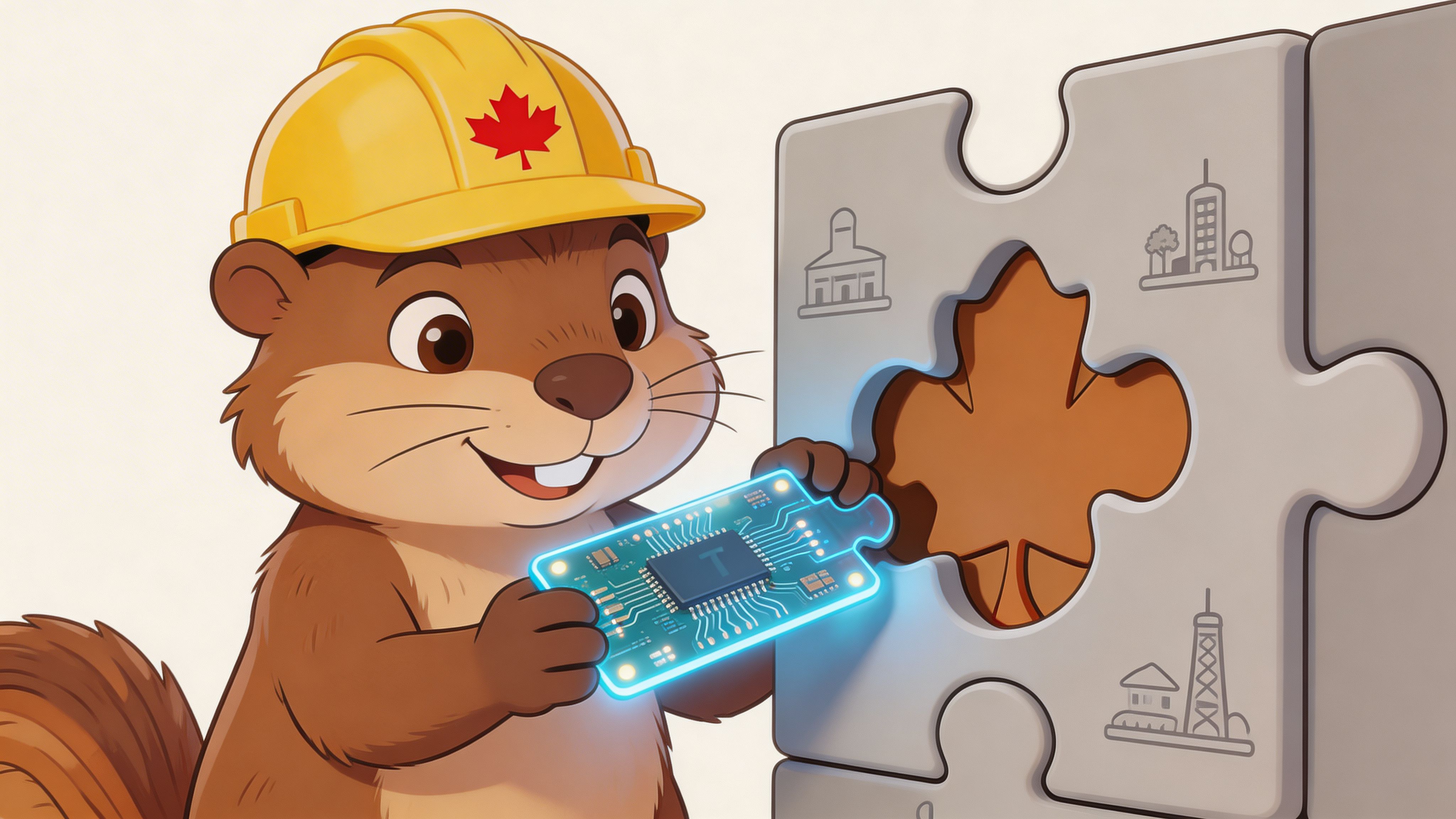 A cartoon beaver wearing a Canadian construction helmet placing a glowing circuit board into a jigsaw puzzle.