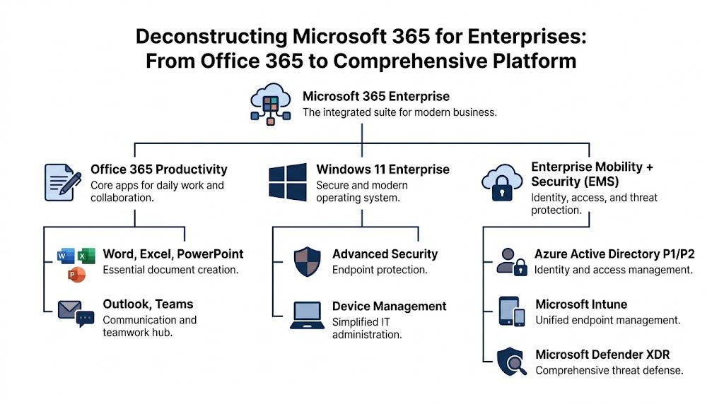 A diagram outlining the components of Microsoft 365 Enterprise, including productivity apps, Windows 11, and security tools.