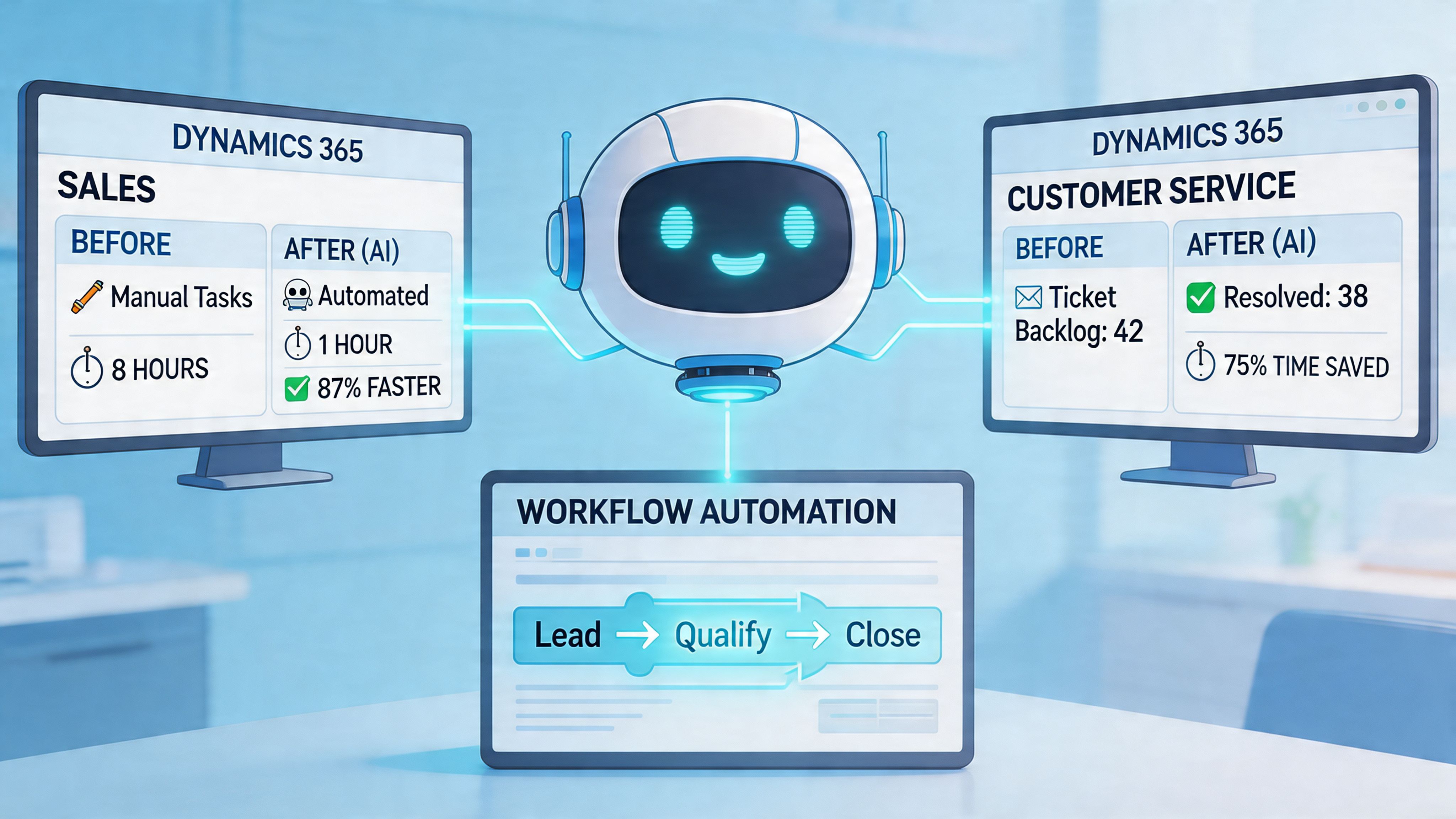 A robot illustration showing how AI improves Dynamics 365 workflows for sales and customer service efficiency.