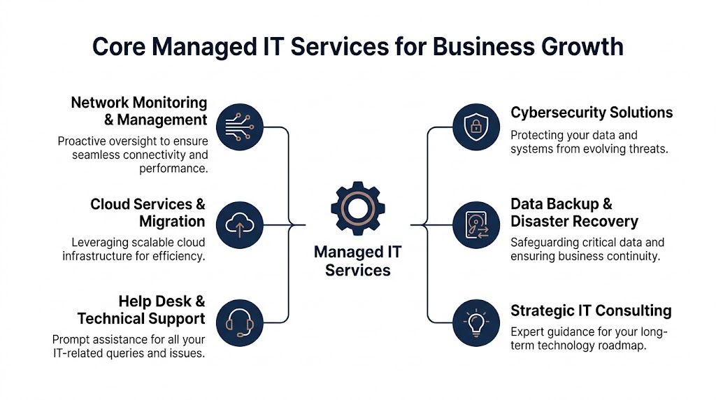 A diagram illustrating six core managed IT services including cybersecurity, cloud migration, and technical support for businesses.