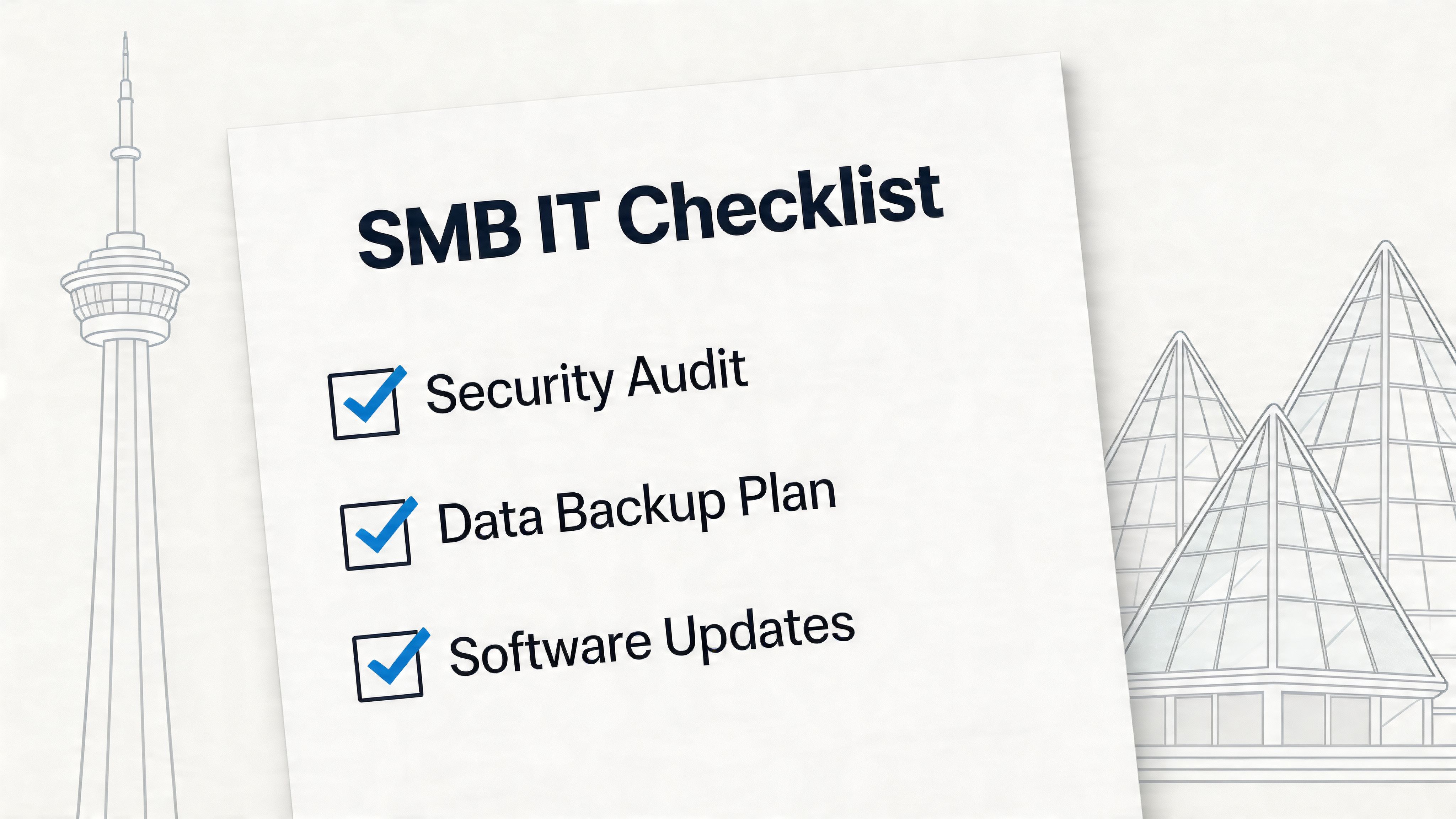 A document titled SMB IT Checklist featuring three completed checkmarks for security, backups, and software updates.
