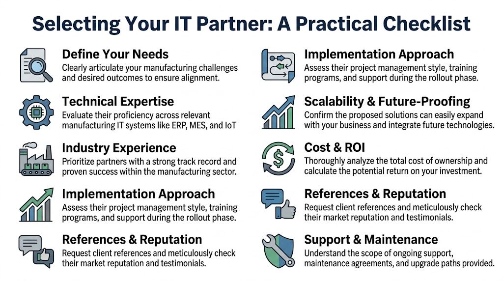 A checklist infographic outlining key factors to consider when selecting an IT partner for manufacturing companies.