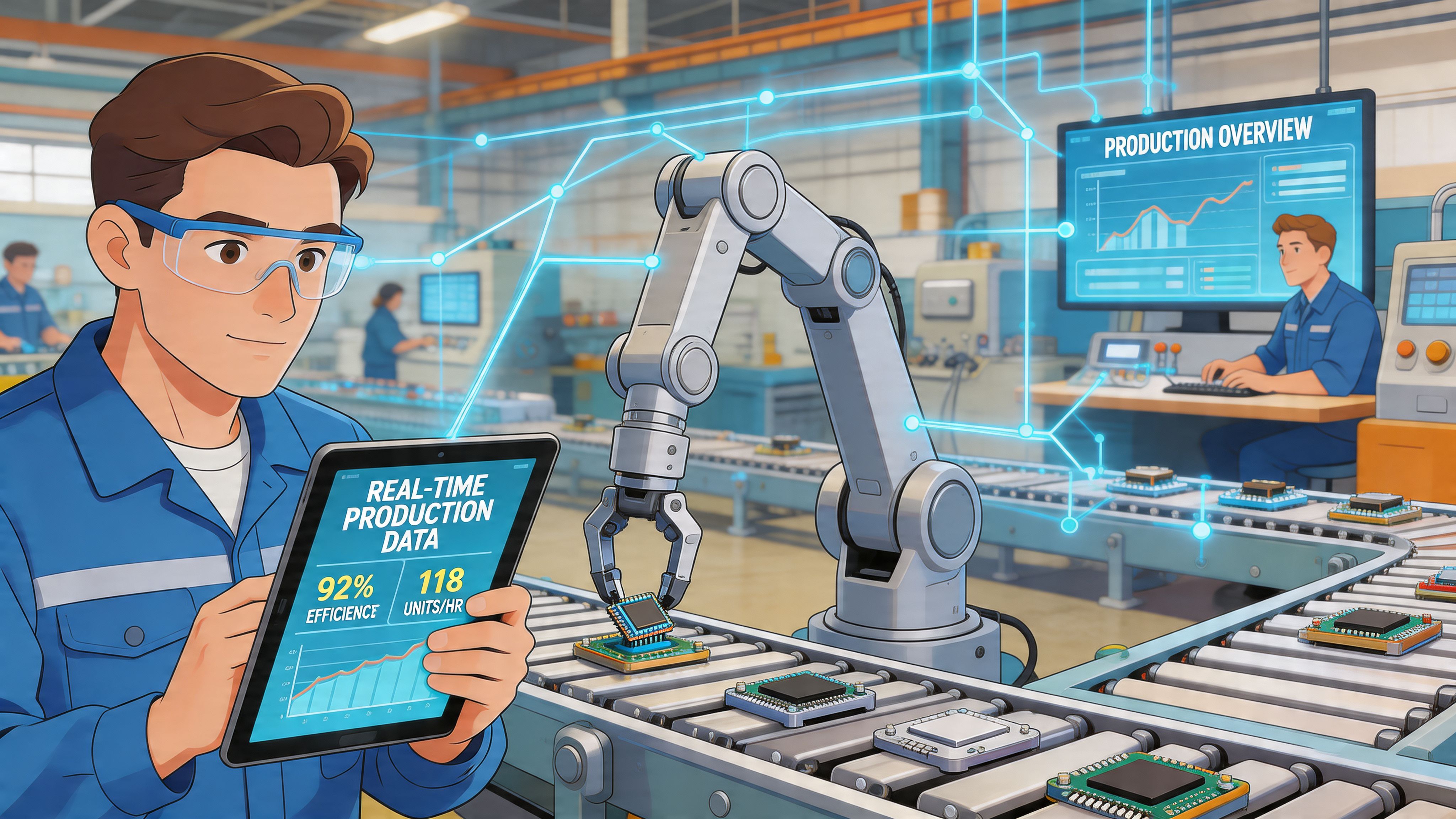 A technician using a tablet to monitor robotic arms assembling electronic chips on a factory conveyor belt.