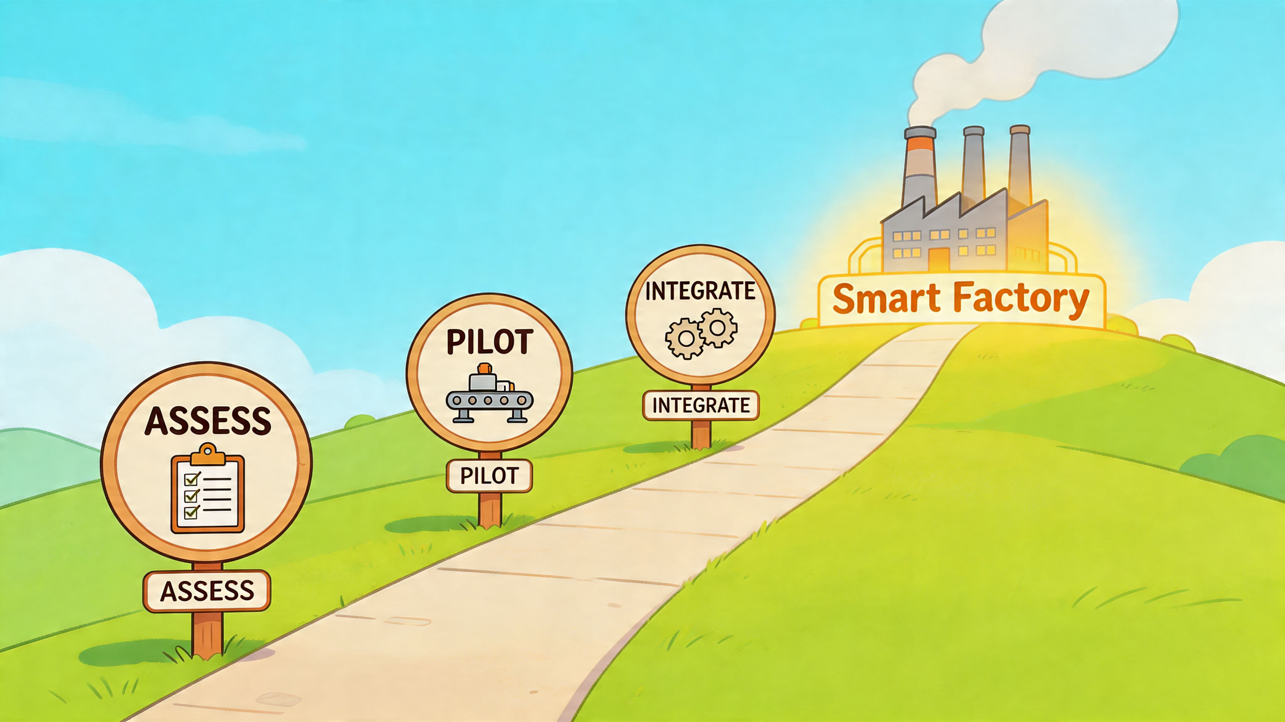 A conceptual pathway showing the steps to reach a Smart Factory through assess, pilot, and integrate phases.