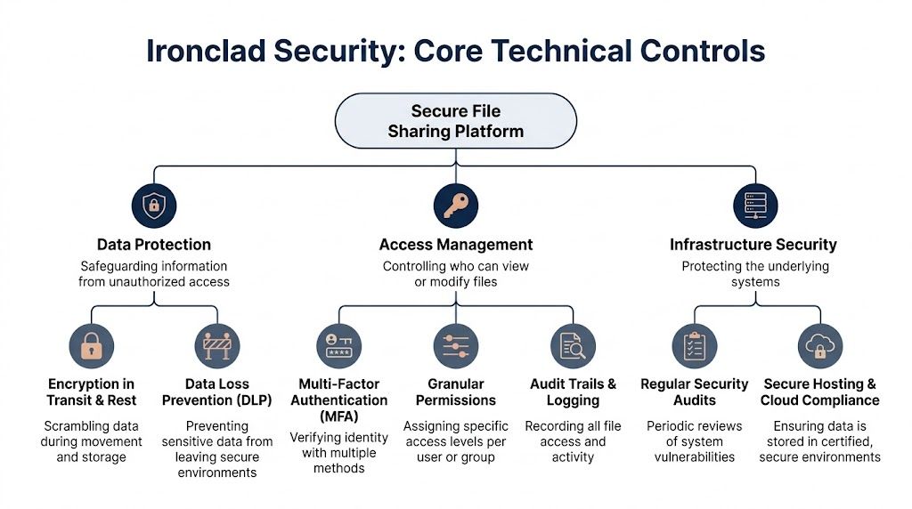 A diagram illustrating core technical controls for a secure file sharing platform including data protection and access management.