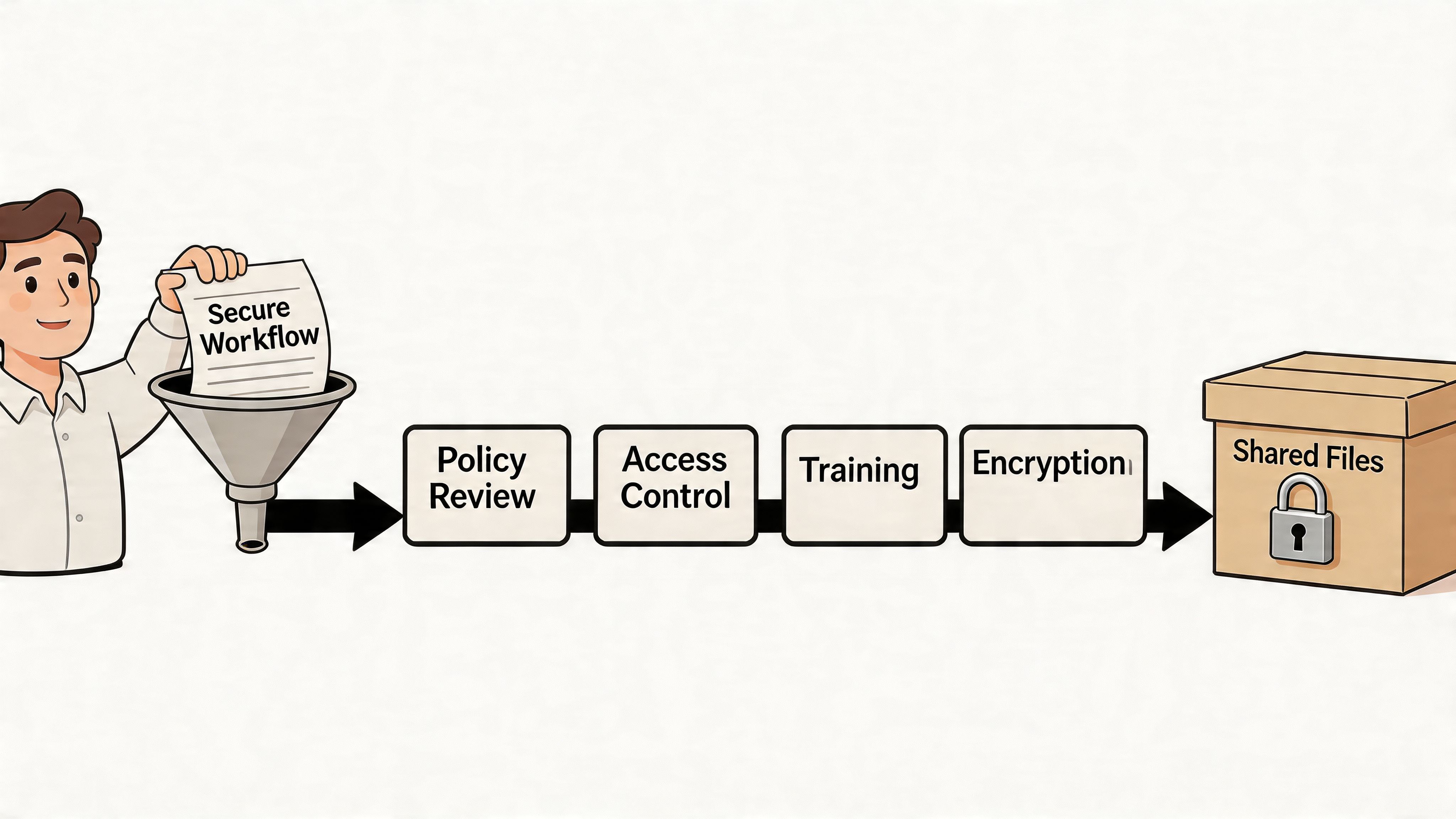 A person guiding a secure workflow document through a process ending in a locked shared files box.