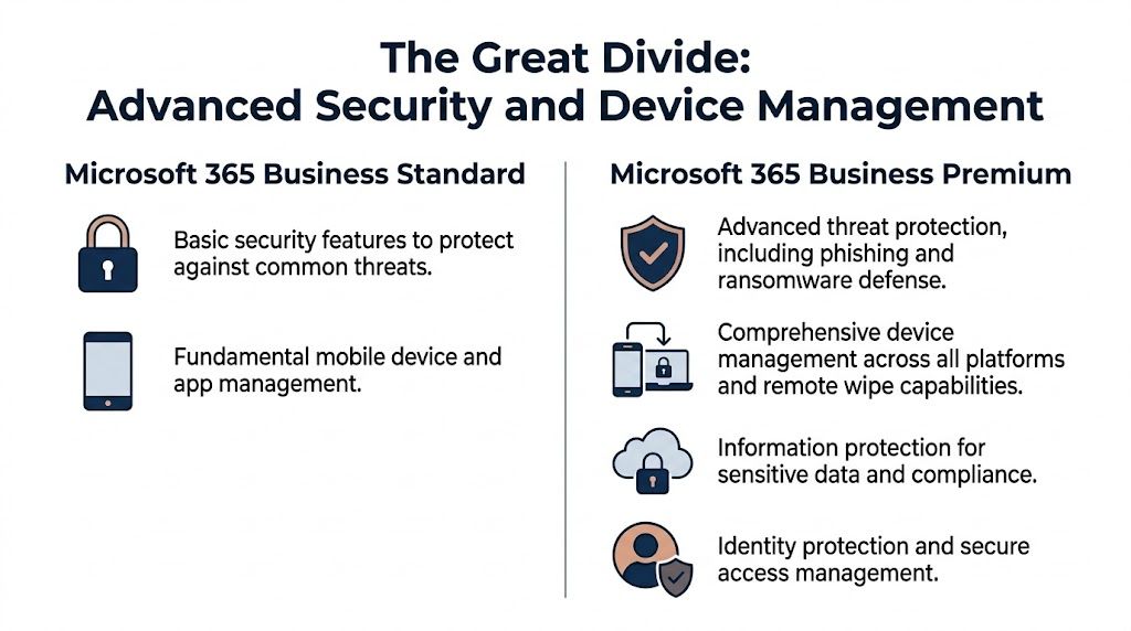 A comparison chart showing security and device management differences between Microsoft 365 Business Standard and Premium plans.