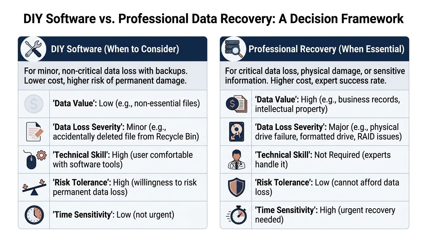 A decision framework chart comparing DIY software against professional data recovery services for different data loss scenarios.