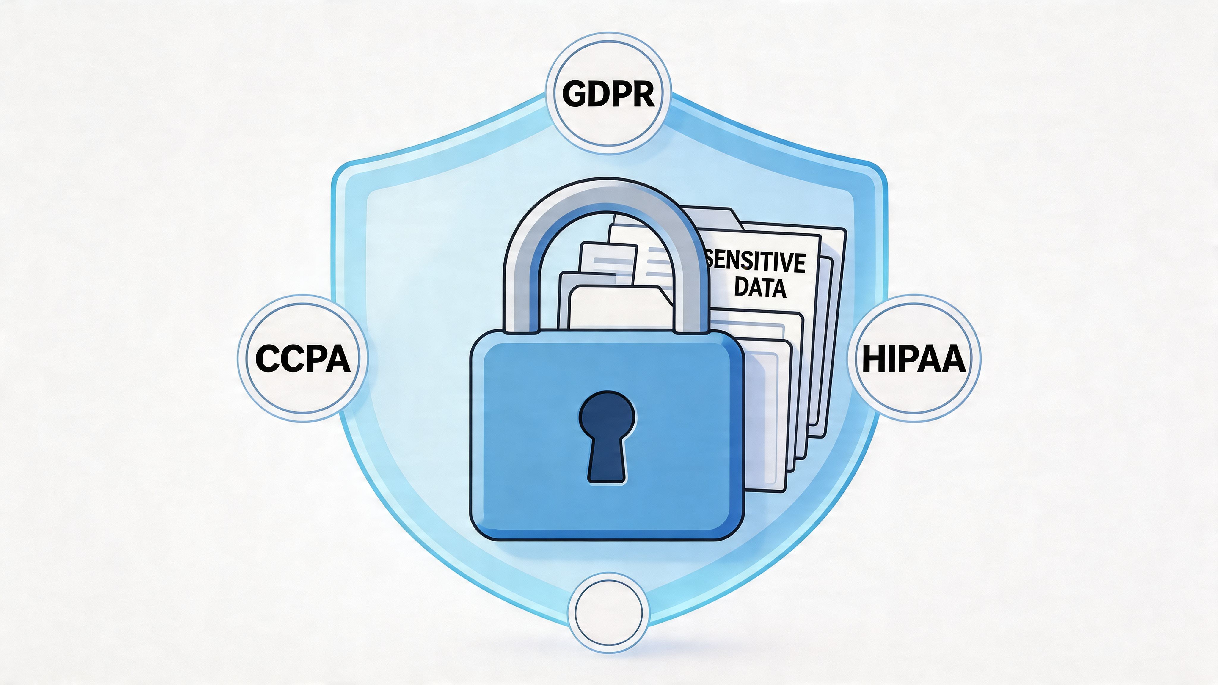 A digital shield symbol protecting documents labeled sensitive data, surrounded by GDPR, CCPA, and HIPAA compliance icons.