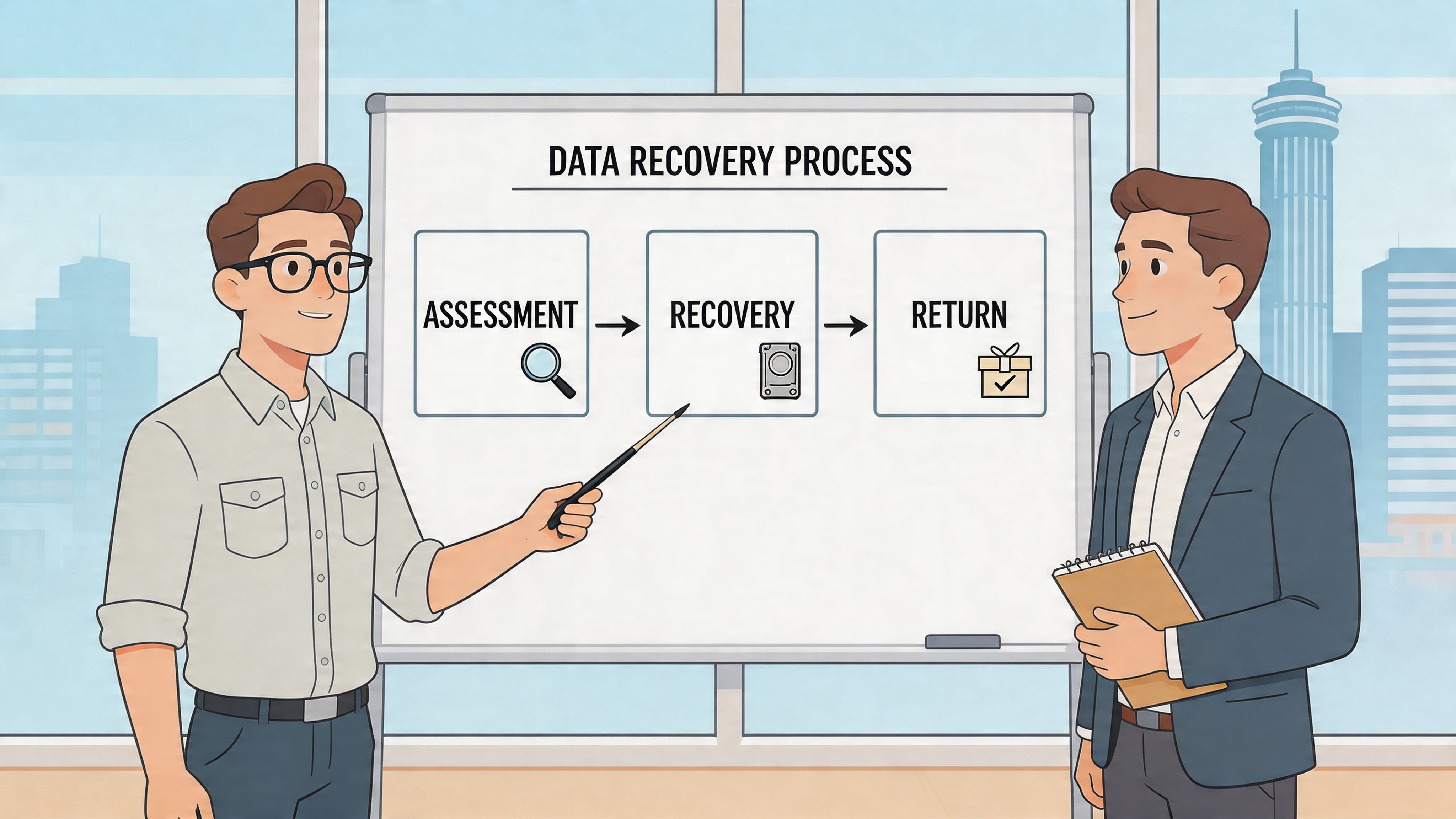 A professional man explaining the three-step data recovery process on a whiteboard to a business colleague.