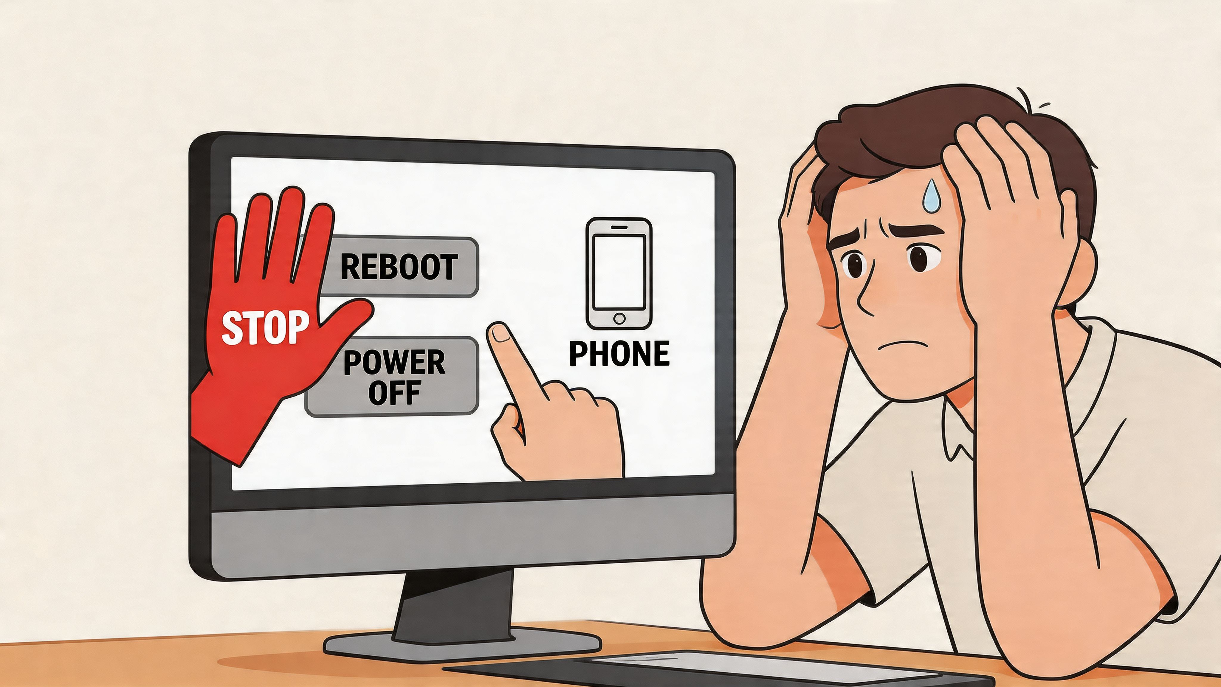 A worried man looking at a computer screen showing power off and reboot options for a smartphone.